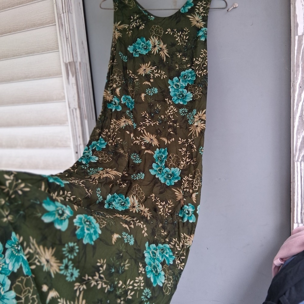 Vintage‎ Y2K Floral Maxi Dress Olive Green Turquoise EUC M